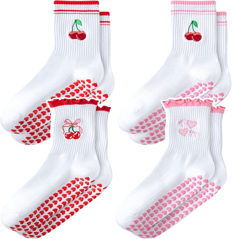 ZFiSt Pilates Socks with Grips for Women,4Pairs Ruffle Yoga Sock Cute Cotton Grippy Socks for Barre Workout Non Slip 5-10in - Image 1